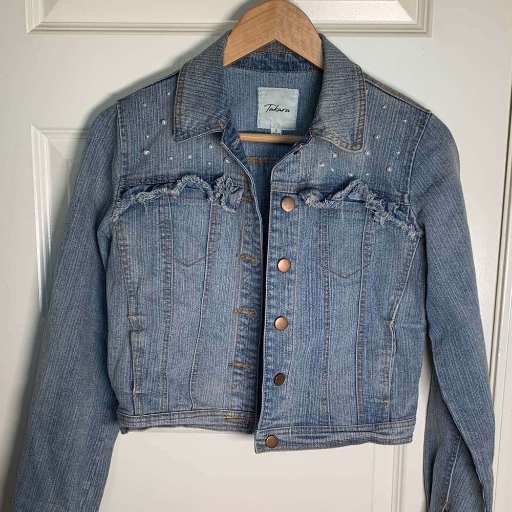 Takara Women's Pearl Studded Light Blue Distressed Jean Jacket